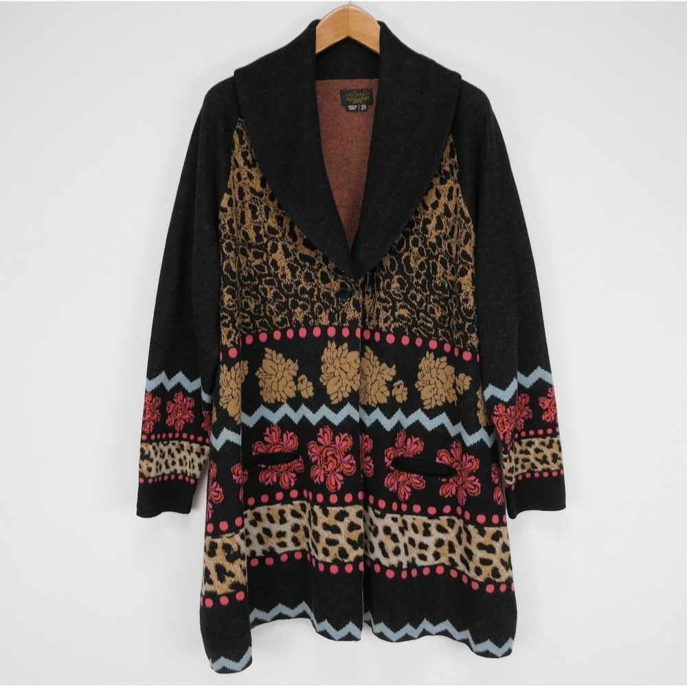 Icelandic Design‎ Cardigan 2X Merino Wool Leopard Floral Knit Women's Sweater